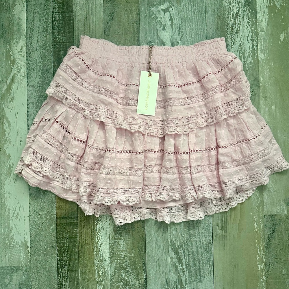 LoveShackFancy Lace Ruffled Tiered Mini Skirt Pink Tulip
